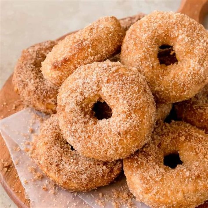 A donut covered in cinnamon sugar on a white and light blue plate.
