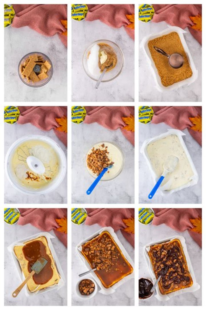 Collage how to make Butterfinger pie: creamy pie filling in a large bowl and being spread into a pie crust.