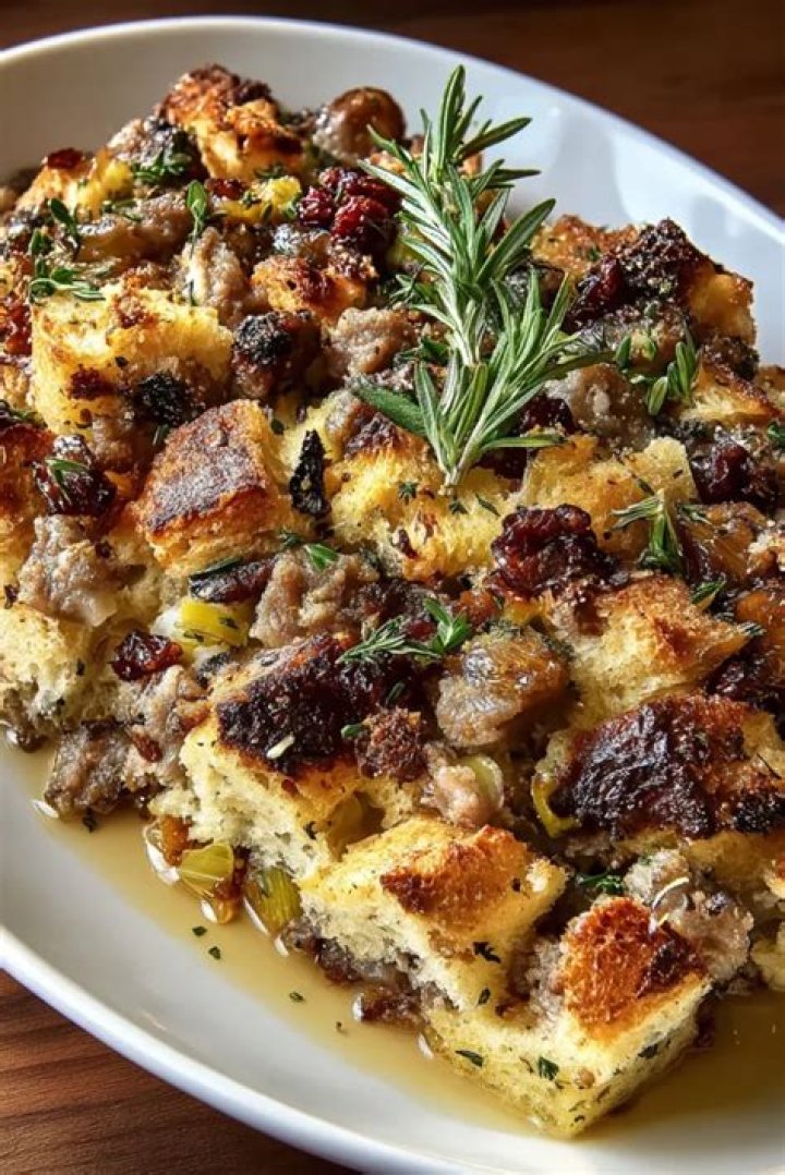 Fig and Sausage Stuffing on a white plate with a gold fork.