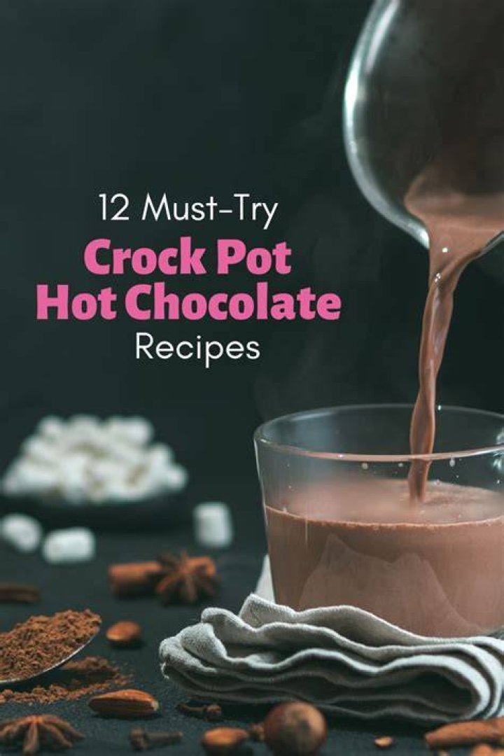 Ingredient for crock pot hot chocolate. Milk, cocoa, sugar, chocolate chips, vanilla.