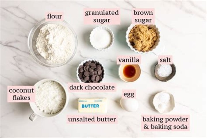 Ingredients for coconut chocolate chip cookies: butter, sugars, egg, flour, nuts, coconut, chocolate.