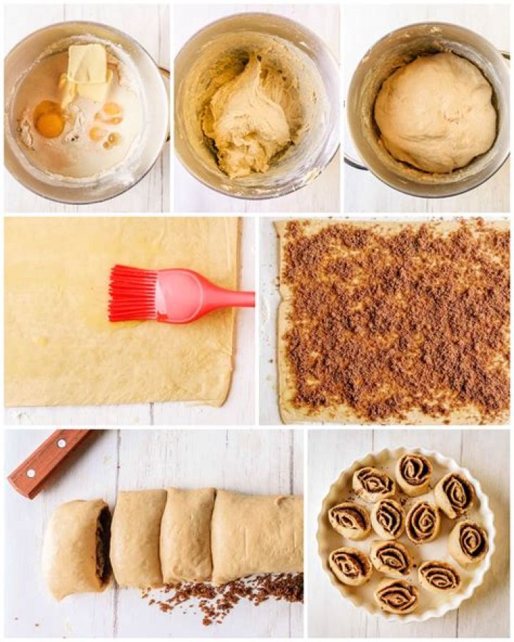 Step by step cinnamon roll cookie dough in a white bowl.